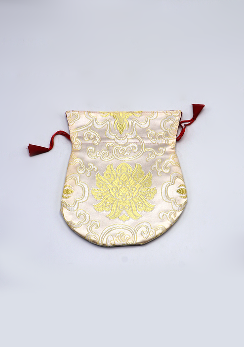 Large Hongkong Silk Drawstring Pouch with Lotus Floral Motifs, Coin Pouch