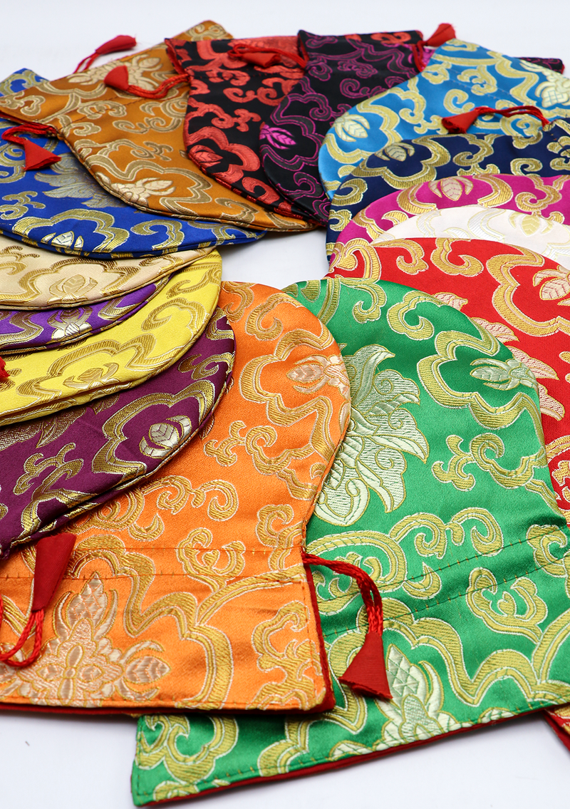 Large Hongkong Silk Drawstring Pouch with Lotus Floral Motifs, Coin Pouch