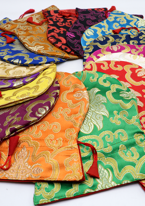 Large Hongkong Silk Drawstring Pouch with Lotus Floral Motifs, Coin Pouch