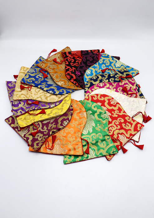 Large Hongkong Silk Drawstring Pouch with Lotus Floral Motifs, Coin Pouch