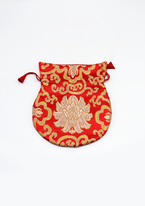 Large Hongkong Silk Drawstring Pouch with Lotus Floral Motifs, Coin Pouch