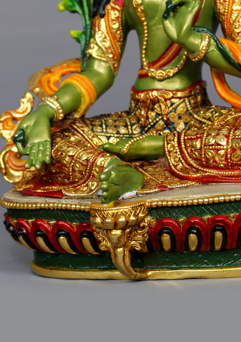 Green Tara Handpainted and Partly Gold Gilded Statue
