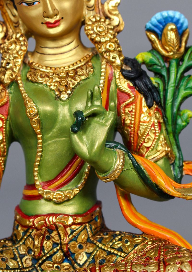 Green Tara Handpainted and Partly Gold Gilded Statue