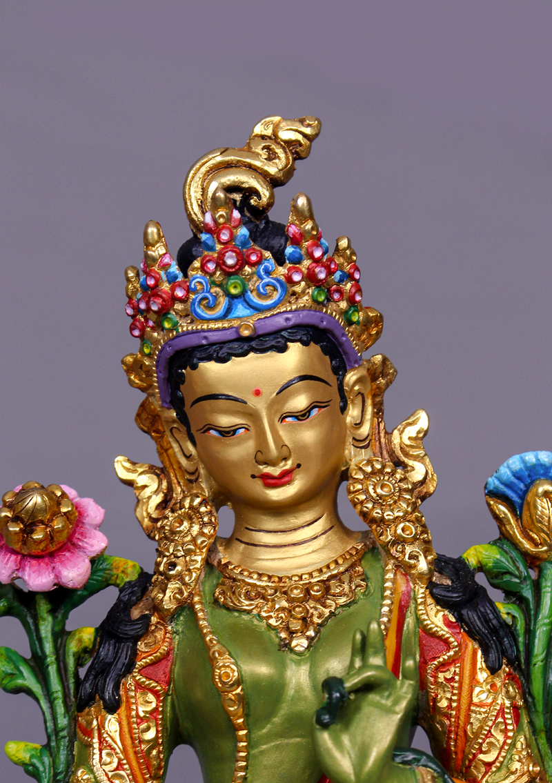 Green Tara Handpainted and Partly Gold Gilded Statue