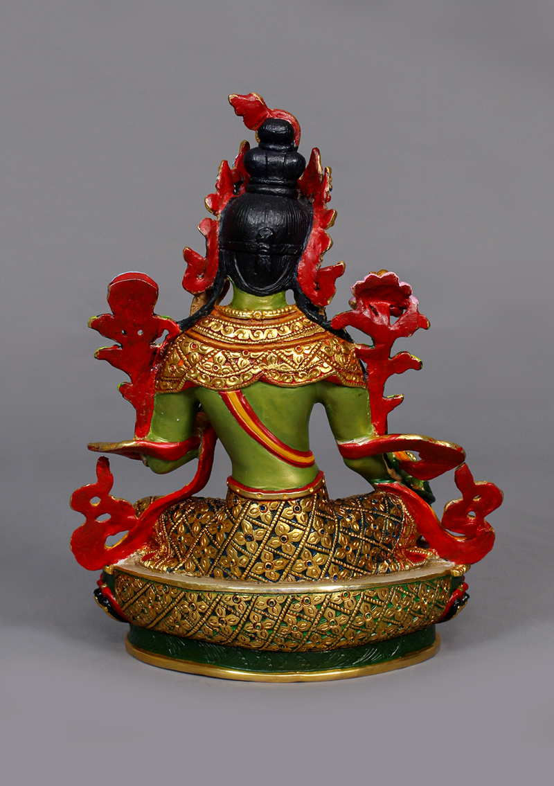 Green Tara Handpainted and Partly Gold Gilded Statue