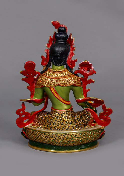 Green Tara Handpainted and Partly Gold Gilded Statue