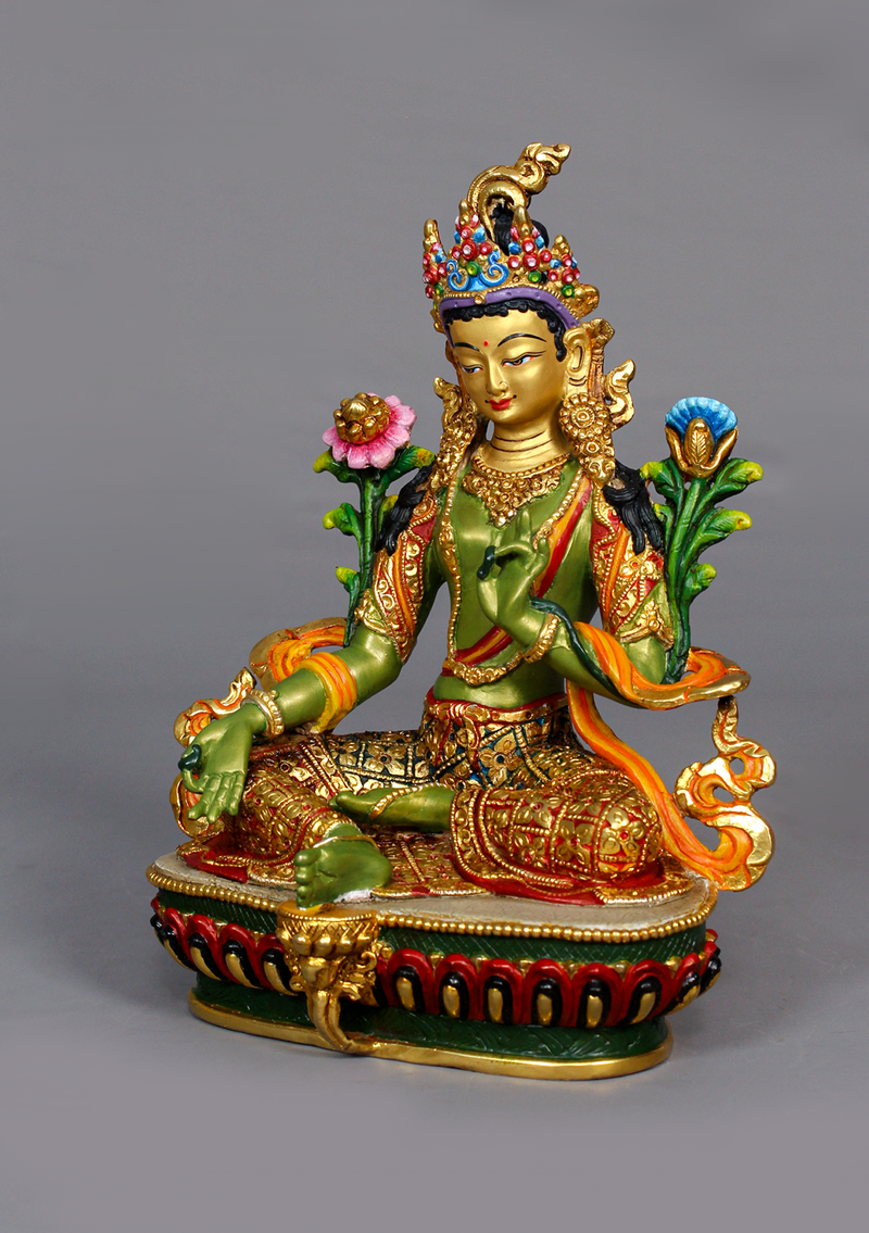 Green Tara Handpainted and Partly Gold Gilded Statue