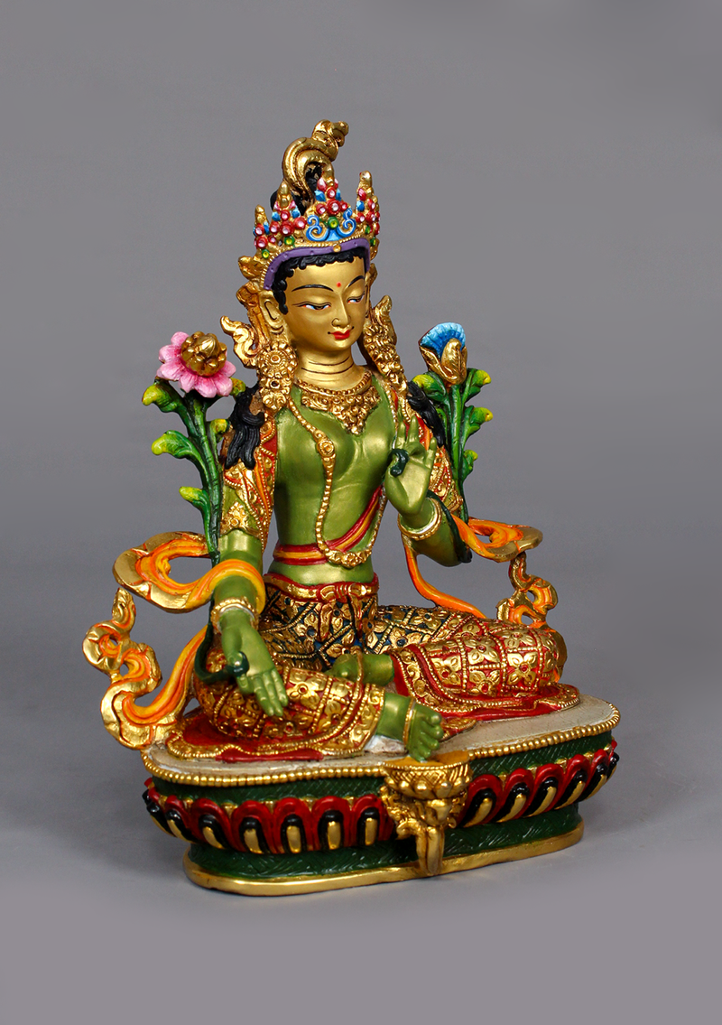 Green Tara Handpainted and Partly Gold Gilded Statue