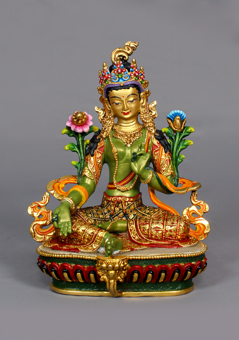 Green Tara Handpainted and Partly Gold Gilded Statue