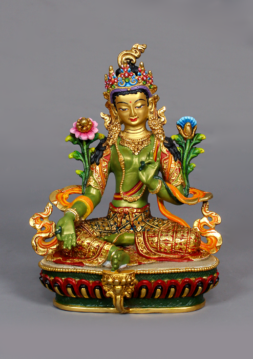 Green Tara Handpainted and Partly Gold Gilded Statue