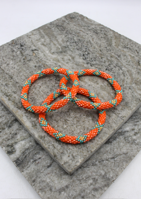 Orange Turquoise Glass Beads Roll On Bracelet