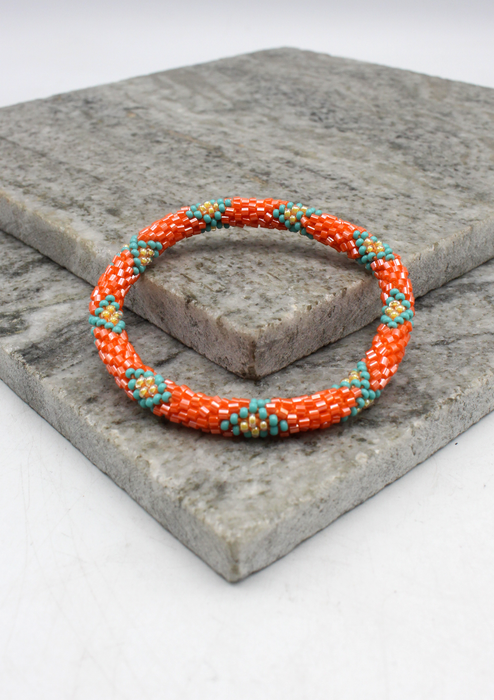 Orange Turquoise Glass Beads Roll On Bracelet