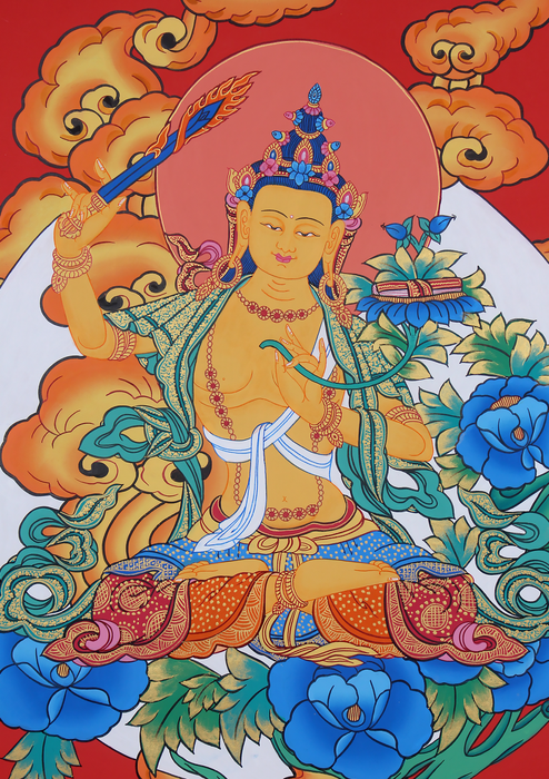 Manjushree Thangka Painting with Tibetan Clouds