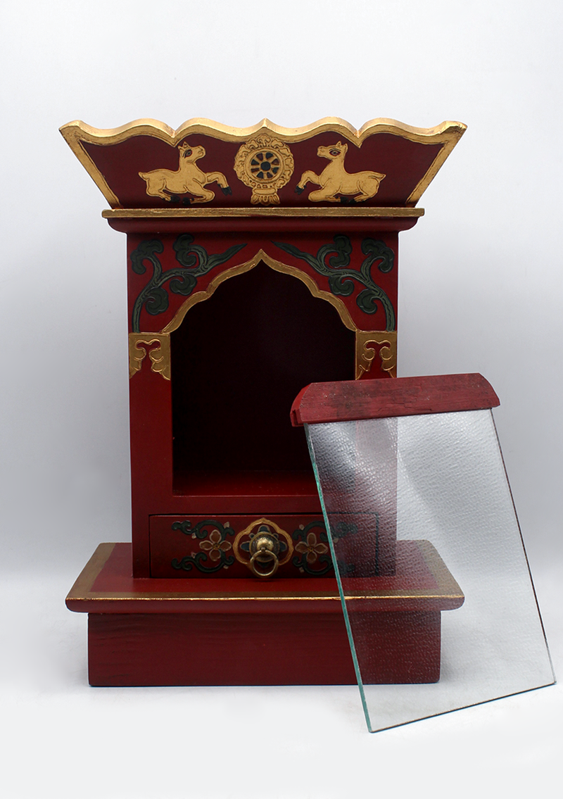 Lotus Tibetan Wooden Shrine Altar Box with Glass