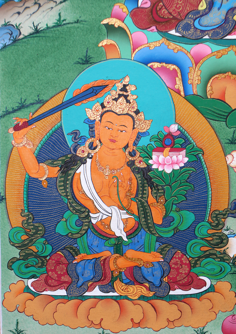 Chenrezig Thangka Painting with Manjushri and Vajrapani