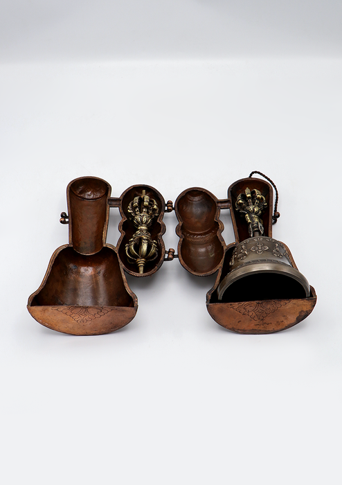 Tibetan Bell and Dorjee Set in a Copper Case with White Metal Carvings