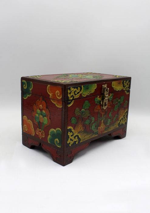 Handpainted Tibetan Green Flower Wooden Box with Parasol- Large