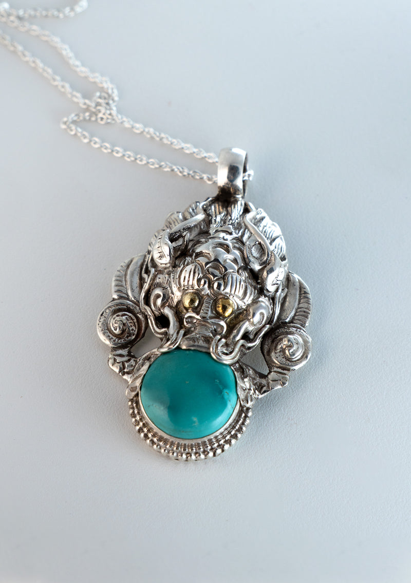 Sterling Silver Turquoise Dragon Pendant with Chain