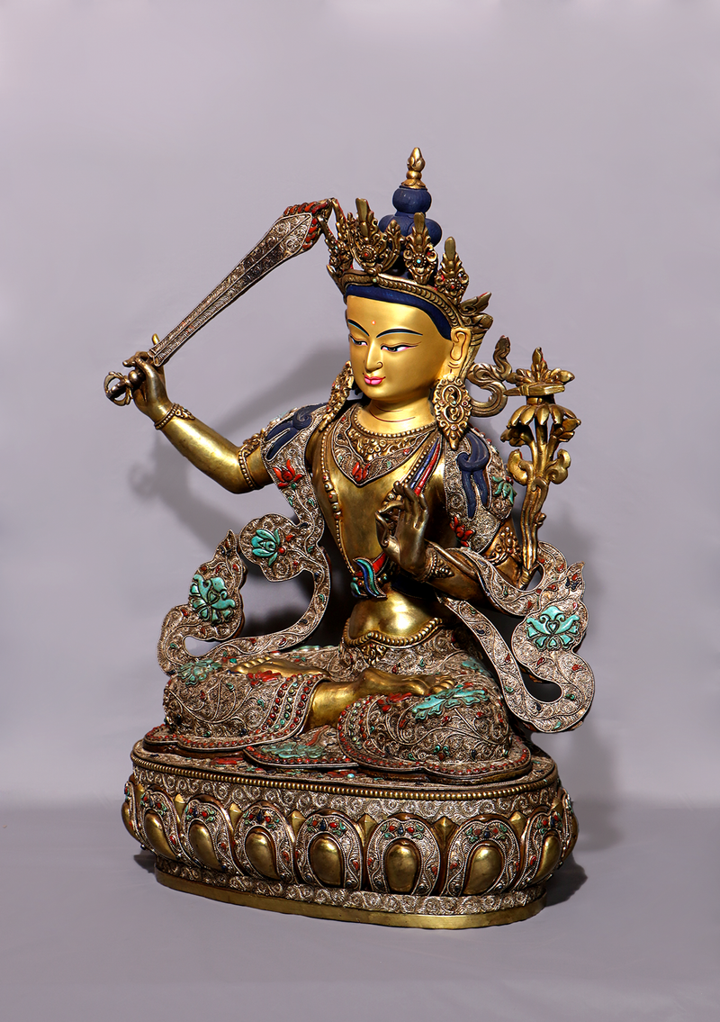 Mastercrafted Silver Filigree Stone Inlaid Manjushri Statue 19"H