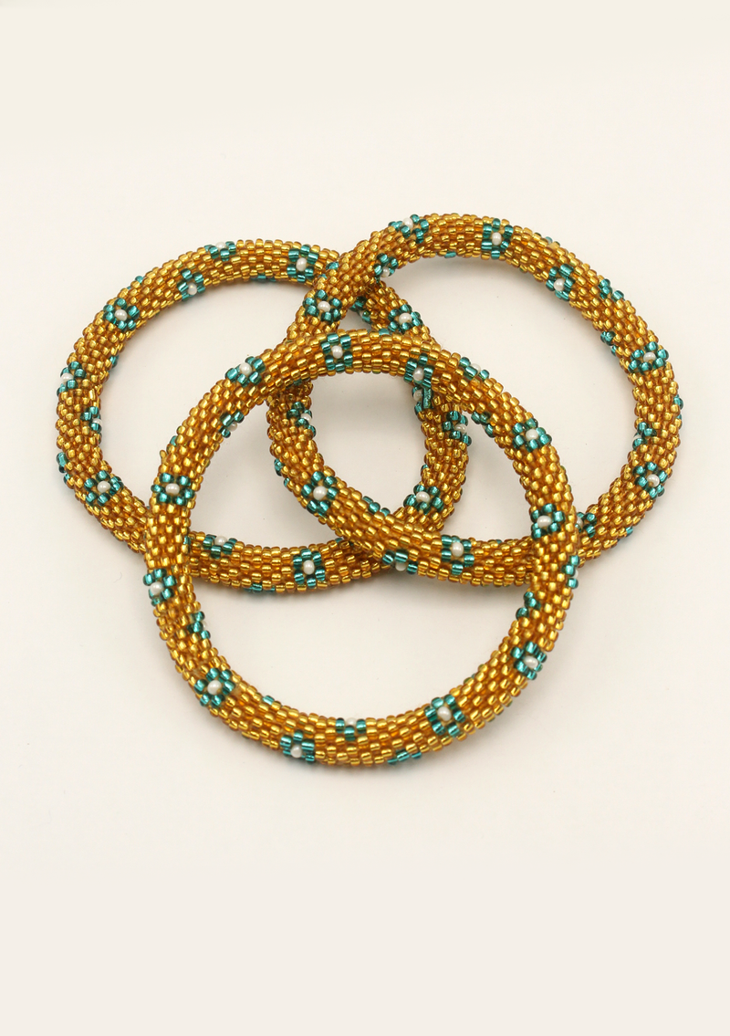 Golden Blue Flower Roll on Beads Bracelet
