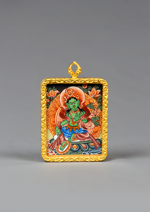 Hand Painted Mini Green Tara Amulet Pendant Gold