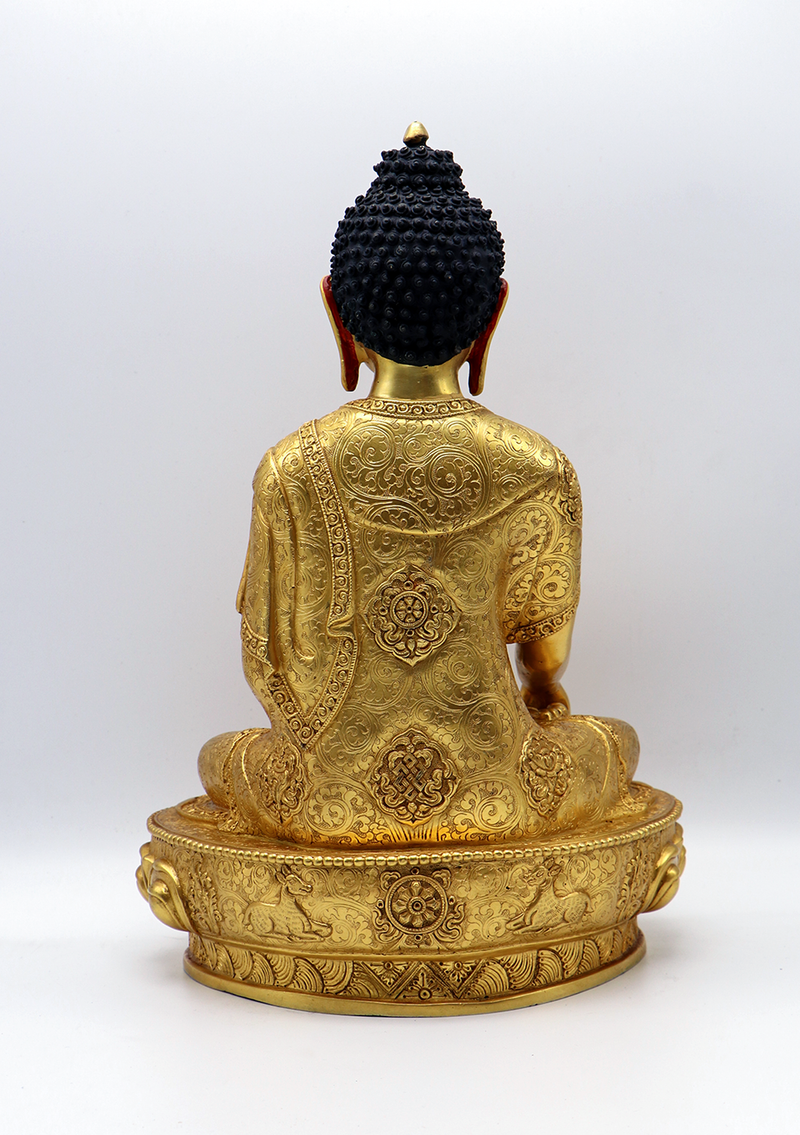Eight Auspicious Symbols Carved Gold Plated Shakyamuni Buddha Statue 13" H