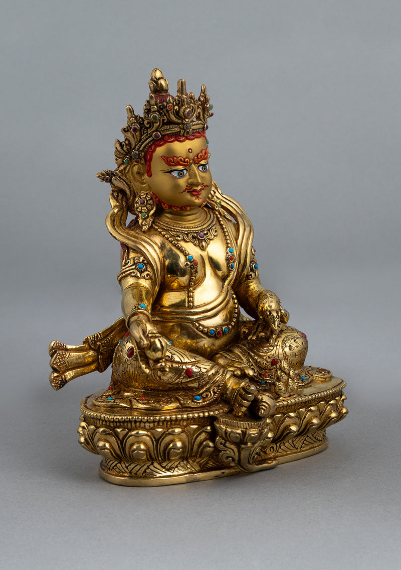 Fully Gold Plated Dzambhala Statue with Stone Inlays 7.5"H