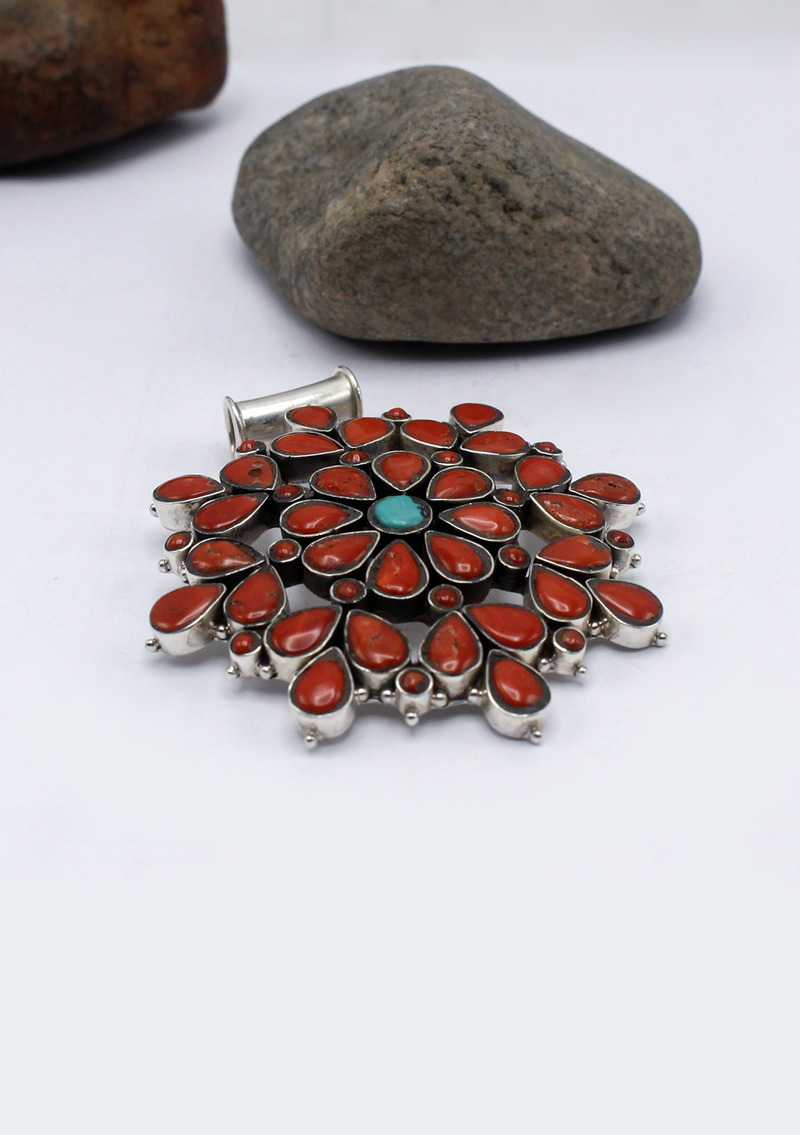 Multistone Coral  Flower  with Turquoise Silver Sterling Pendant