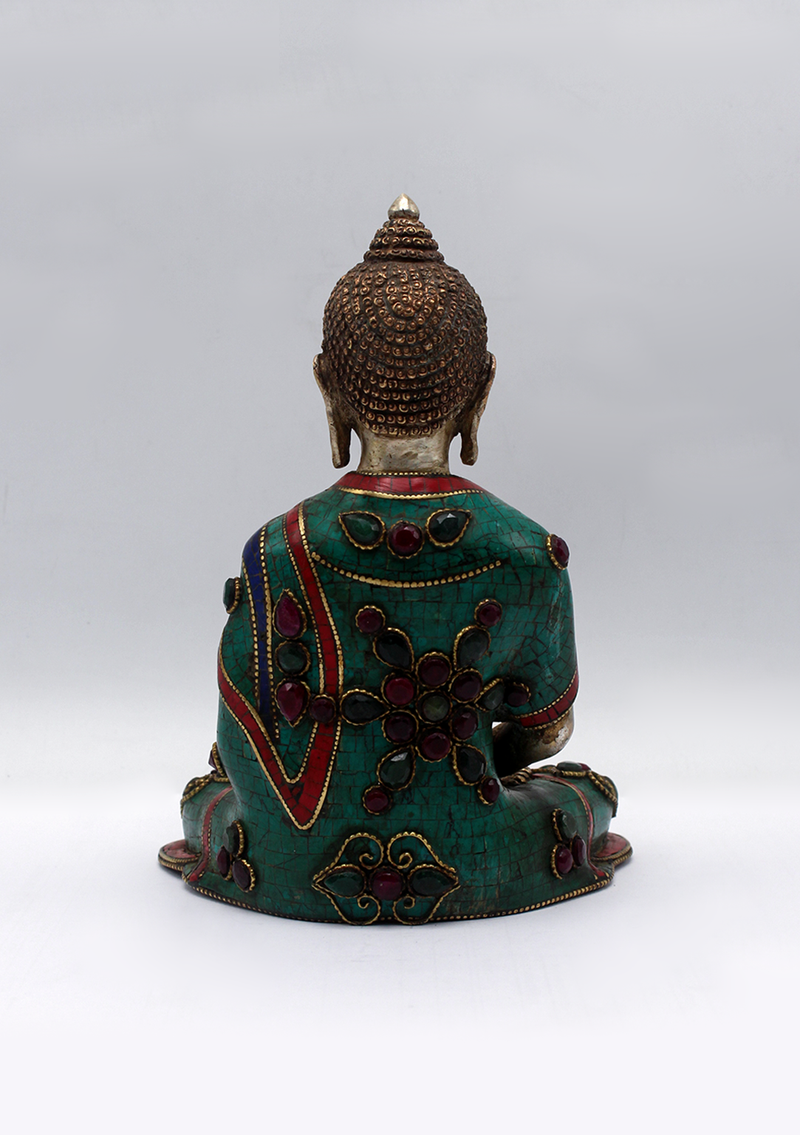 Stone Inlaid Copper Silverplated Amitabha Buddha Statue 6.5"H