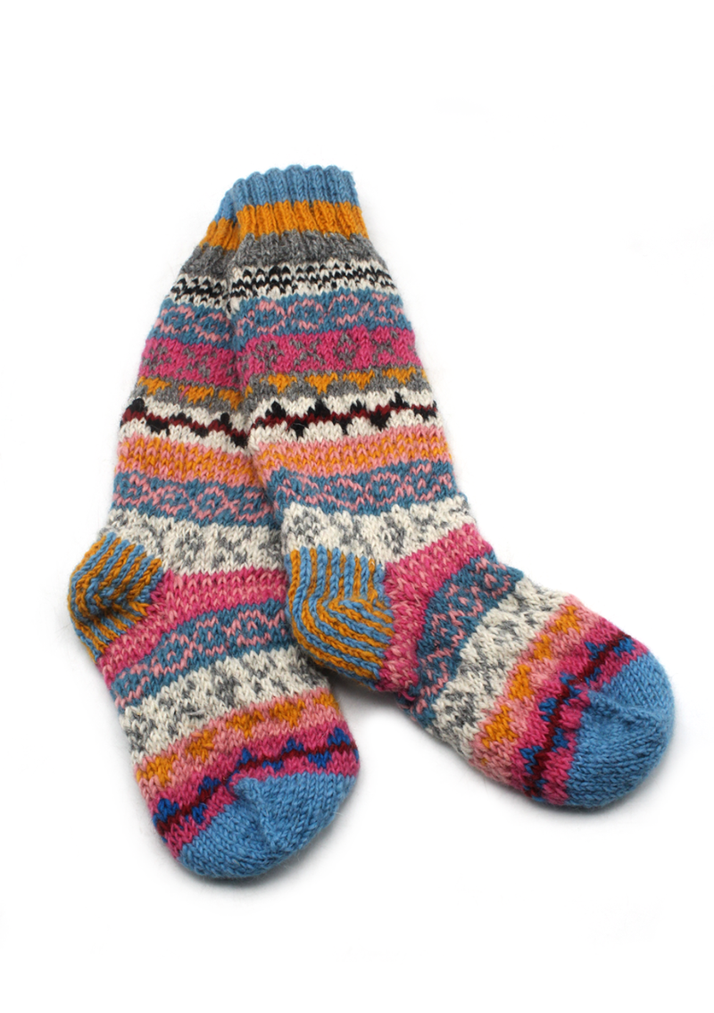 Light Blue Multicolor Woolen Knee High Socks