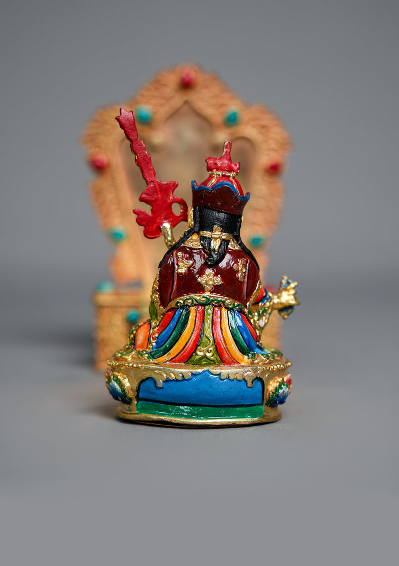 Handpainted Guru Padmasambhava Statue with Stone-Inlaid Throne