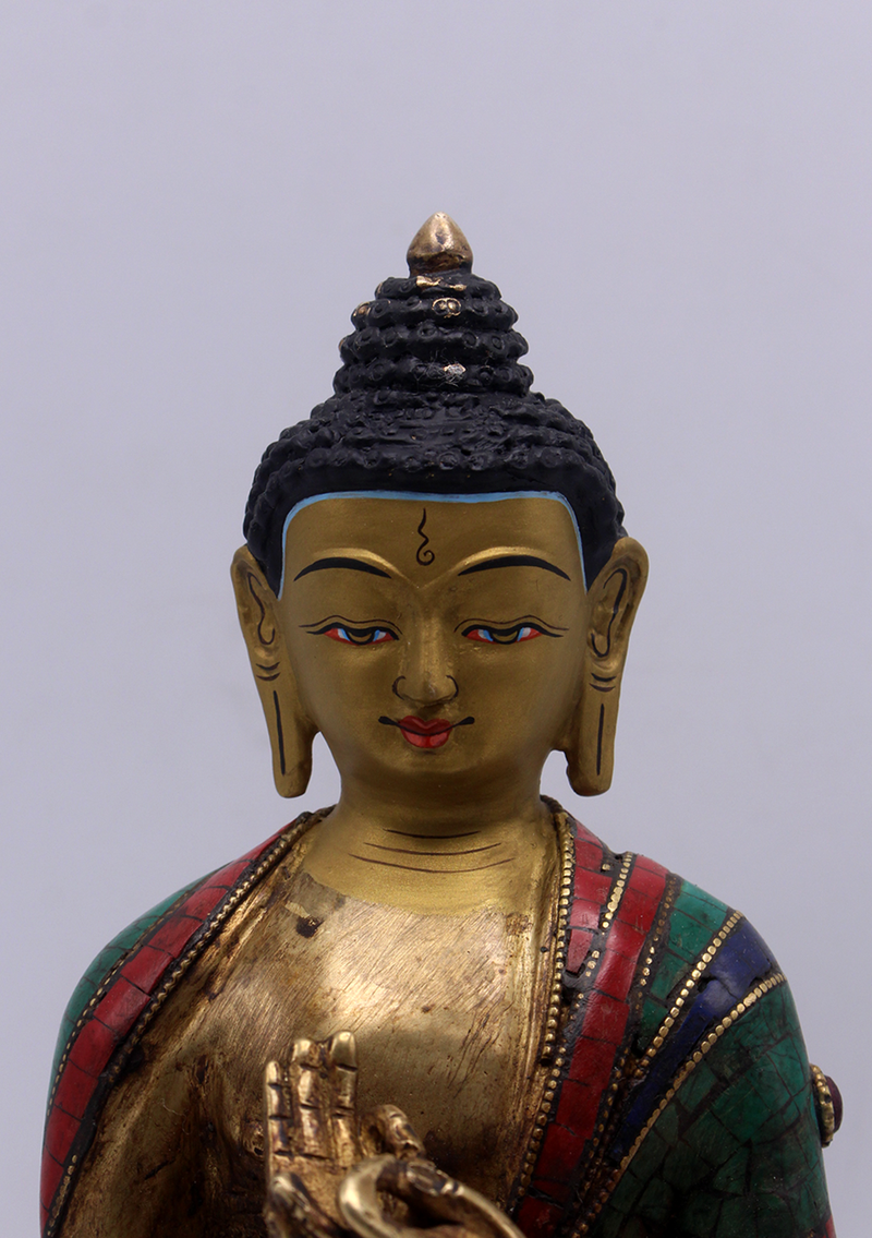 Stone Inlaid Copper Vairocana Buddha Statue 8.5"H