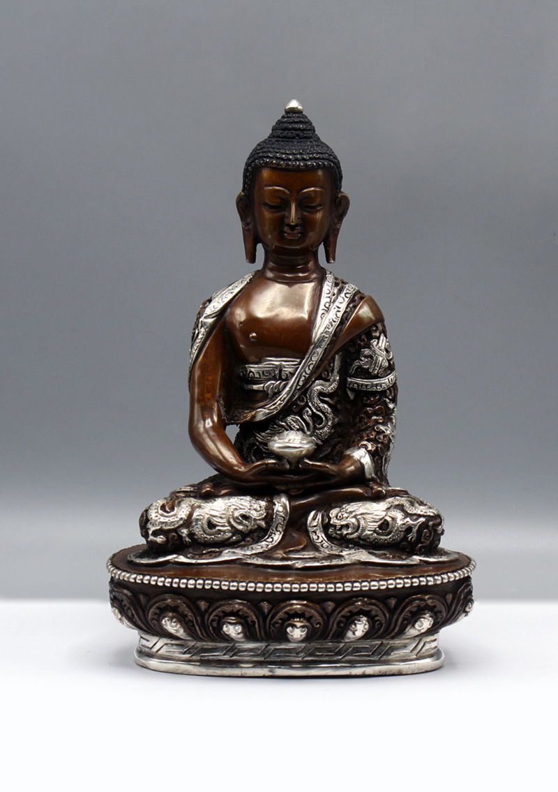 Silver Copper Amitabha Buddha Statue 8"H