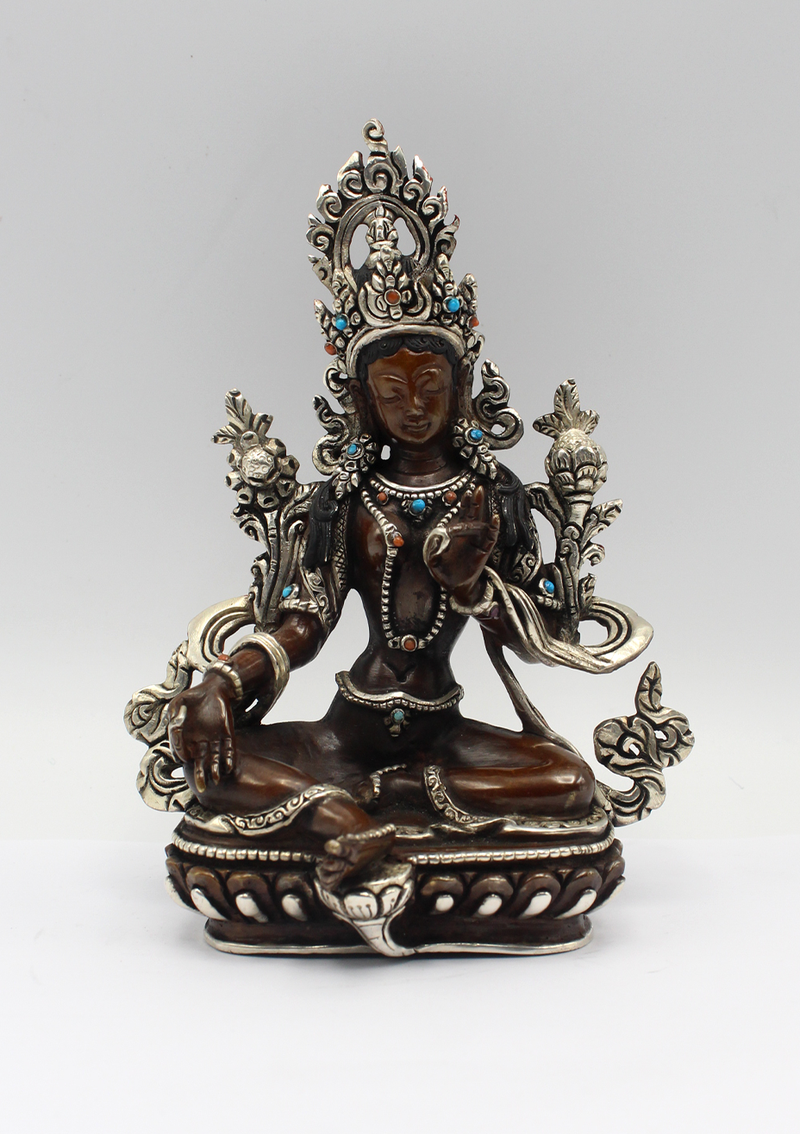 Copper Silver Inlaid  Green Tara Statue 6" H