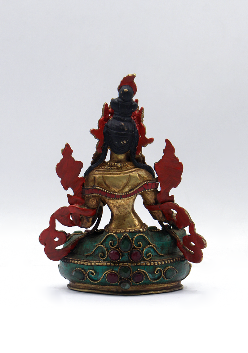 Stone Inlaid Copper Green Tara Statue 5.5"H