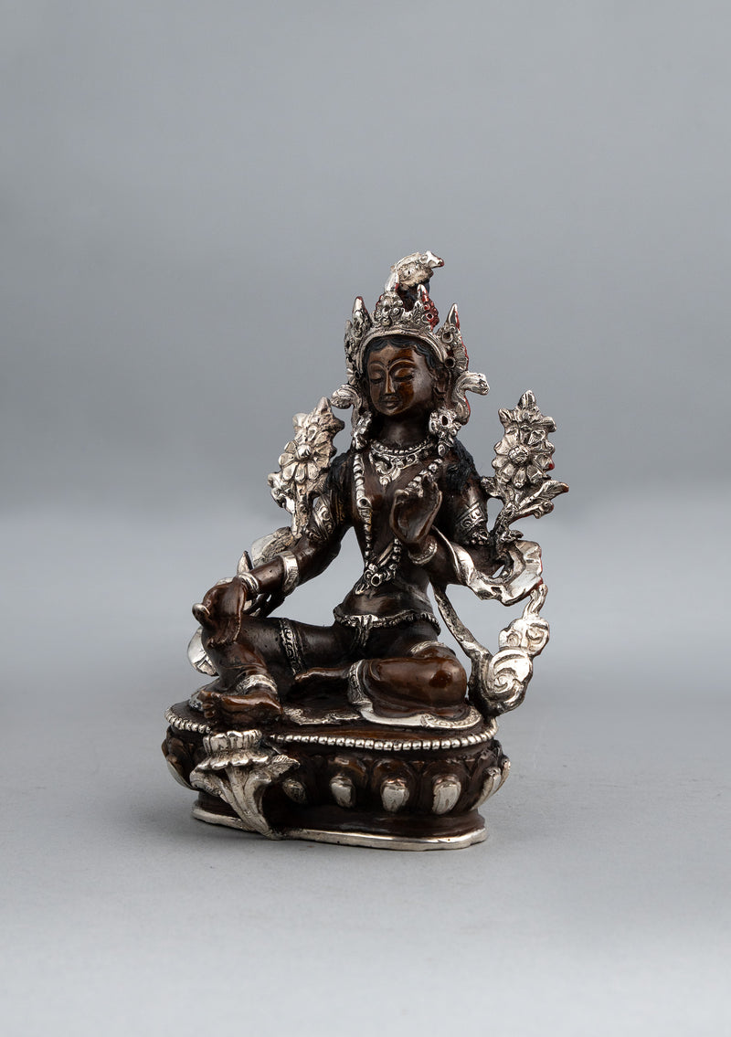 Silver Copper Green Tara Statue 5.5"H