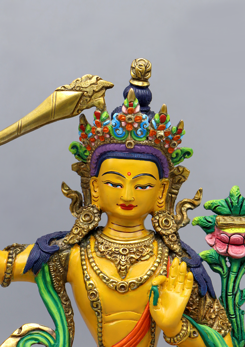 Hand Painted Gold Plated Manjushree Statue 9"H by Archana Shakya