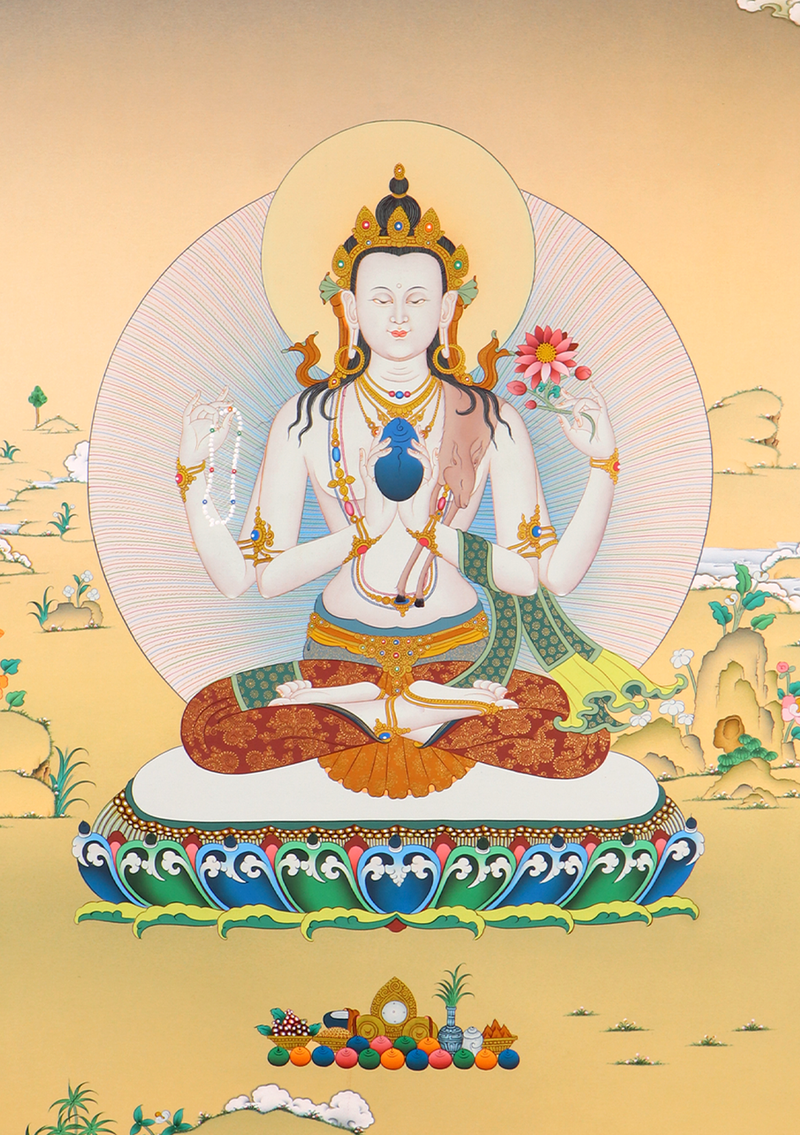 White Chenrezig Thangka Painting (Meditation Series)