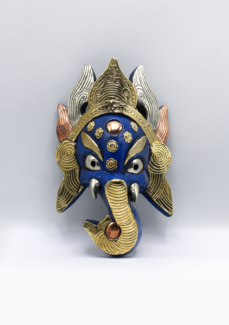 Hand Painted Blue Ganesh  Wooden Wall Hanging Mask