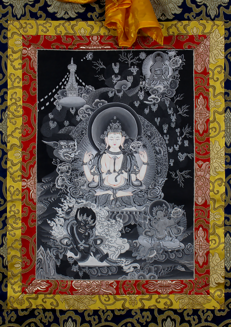 Black and White Chenrezig Brocade Thangka Painting