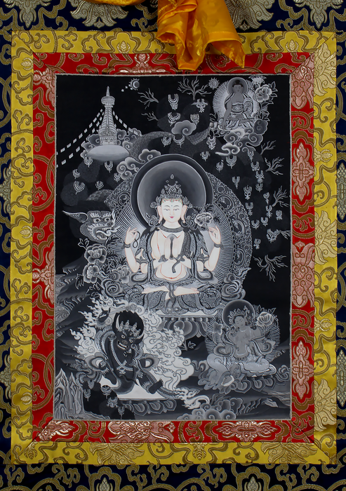 Black and White Chenrezig Brocade Thangka Painting