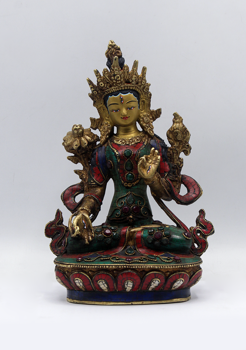 Stone Inlaid Copper White Tara Statue 9"H