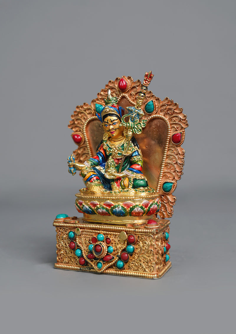 Handpainted Guru Padmasambhava Statue with Stone-Inlaid Throne
