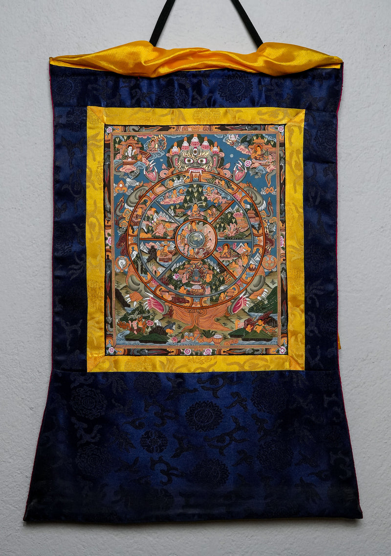 Wheel of Life Thangka Painting with Brocade