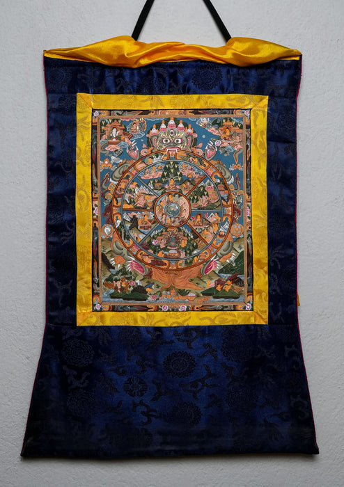 Wheel of Life Thangka Painting with Brocade