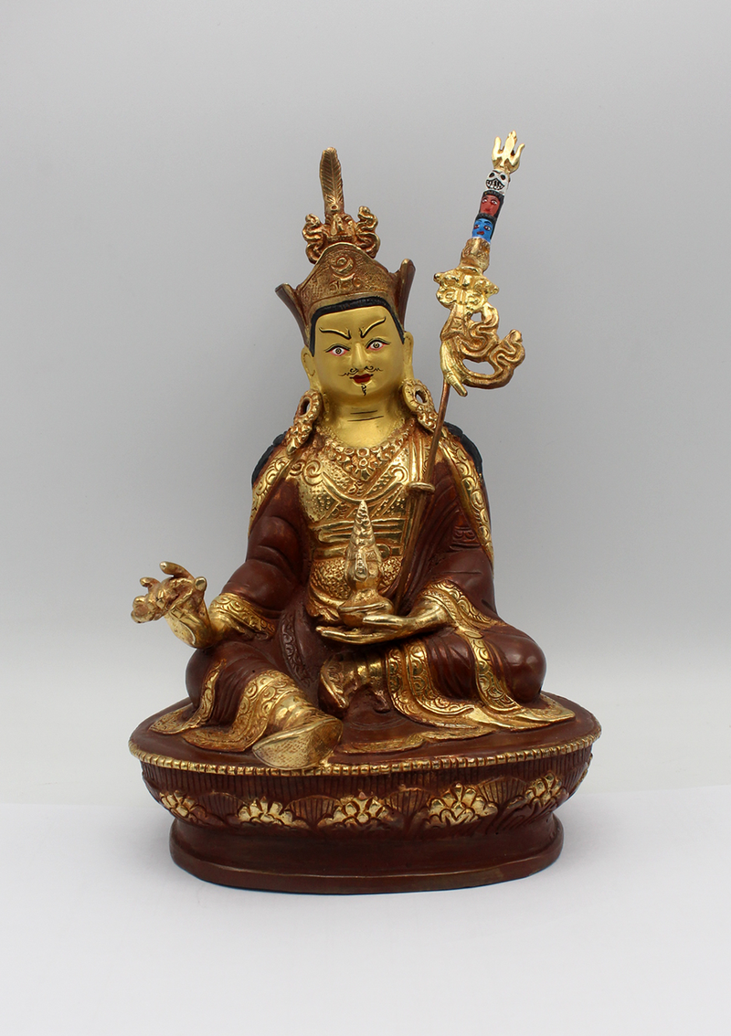 Guru Padmasambhava Copper Partly Gold Plated Statue 8"H