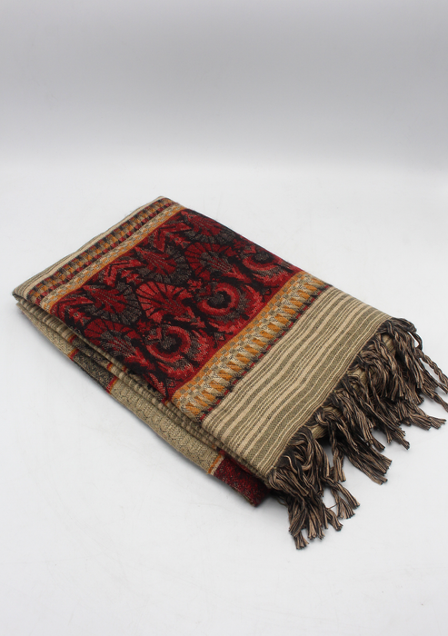 Hand loomed Maroon Brown Lined Woolen Shawl Nepal- Saugat