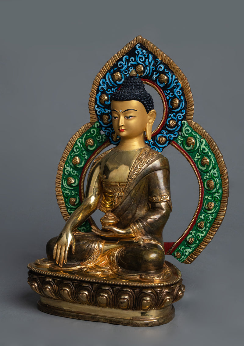Partly Gold Plated Shakyamuni Buddha Statue with Hand-Painted Mandorla – 10" Handmade Nepalese Buddhist Art