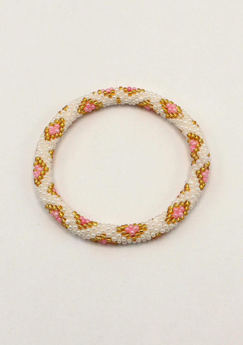 White Pink Glass Roll on Beads Bracelet