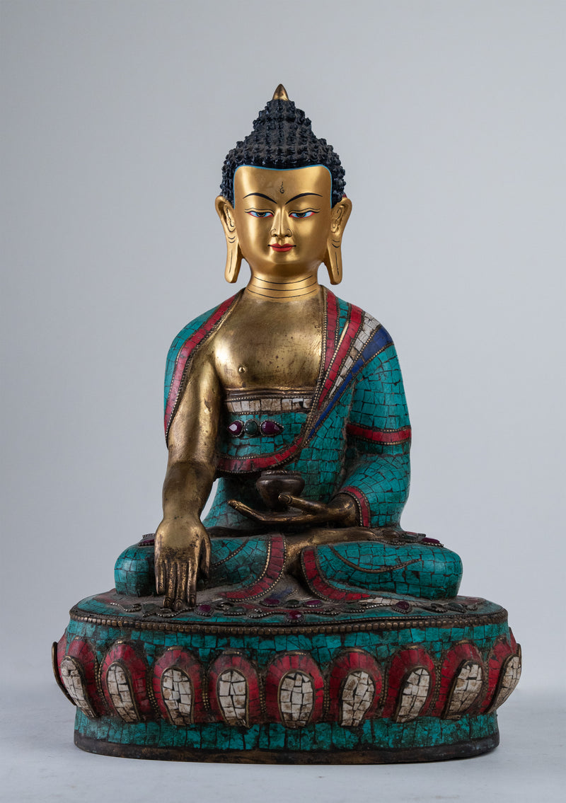 13" High Shakyamuni Buddha Statue Inlaid Turquoise and Coral